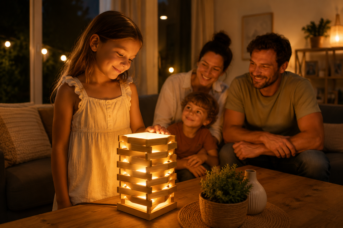 Fillette fière de la lampe Cap'Light en bois qu'elle a fabriquée, en famille